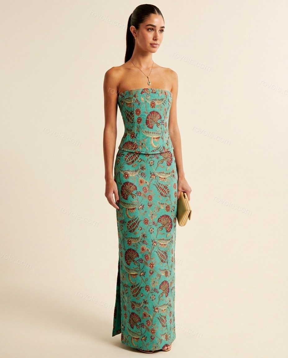 Teal Floral Strapless Lace Dress, full-length hero view, by rovole.com