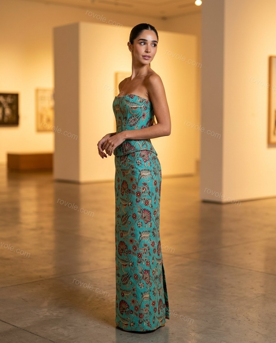 Teal Floral Strapless Lace Dress, three-quarter brand lifestyle view, by rovole.com
