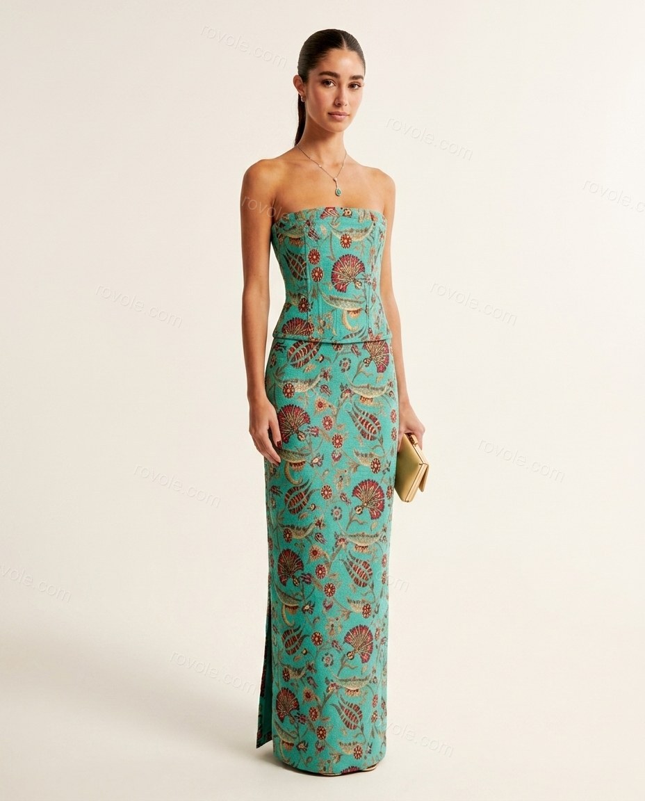 Teal Floral Strapless Lace Dress, front studio view, by rovole.com