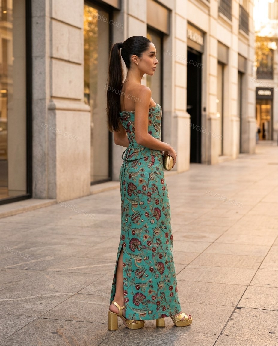 Teal Floral Strapless Lace Dress, movement and fit lifestyle view, by rovole.com