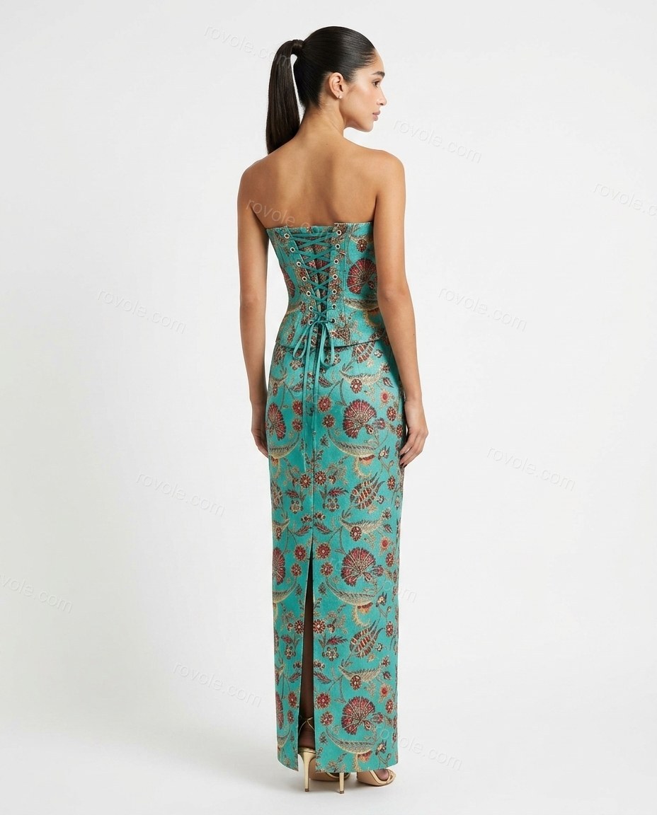 Teal Floral Strapless Lace Dress, back studio view, by rovole.com