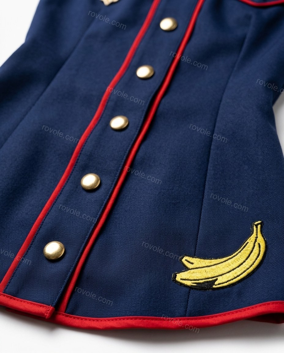 Navy Blue Mini Embroidered Dress, close-up of red and gold accents, contrast piping and decorative buttons, by rovole.com