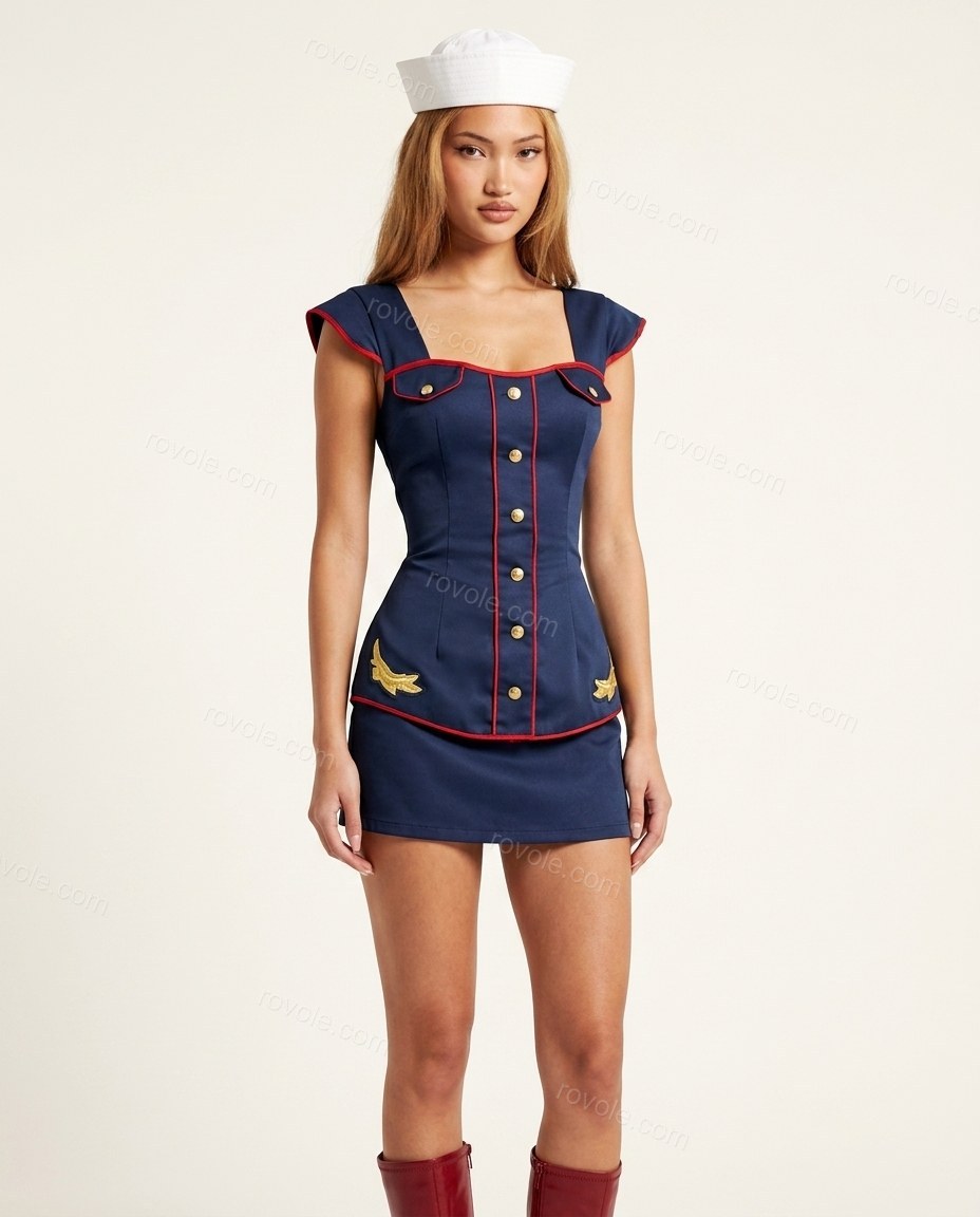 Navy Blue Mini Embroidered Dress, front studio view, by rovole.com