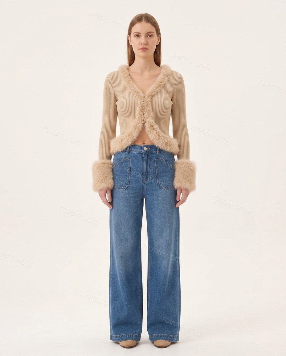 Beige Faux-Fur Denim Knit Top & Pants Set, front studio view, by rovole.com
