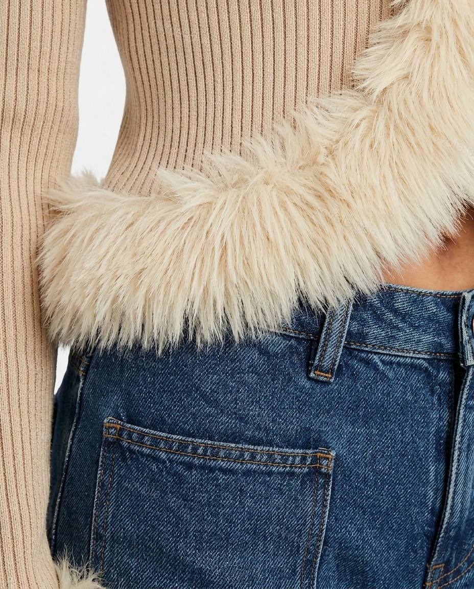 Beige Faux-Fur Denim Knit Top & Pants Set, close-up of blue accents, faux fur trim on neckline and faux fur cuffs, by rovole.com