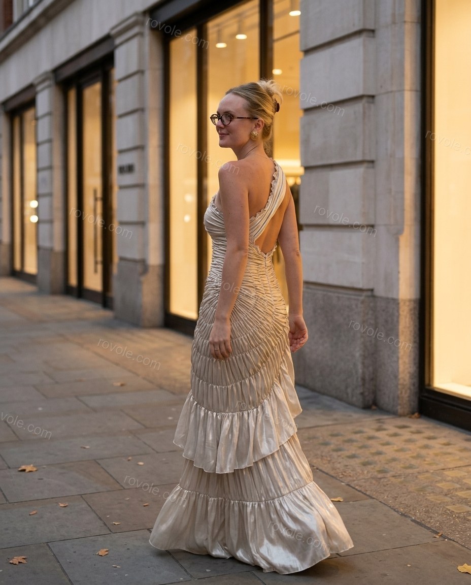 Champagne One-Shoulder Ruffled Tiered Dress, movement and fit lifestyle view, by rovole.com