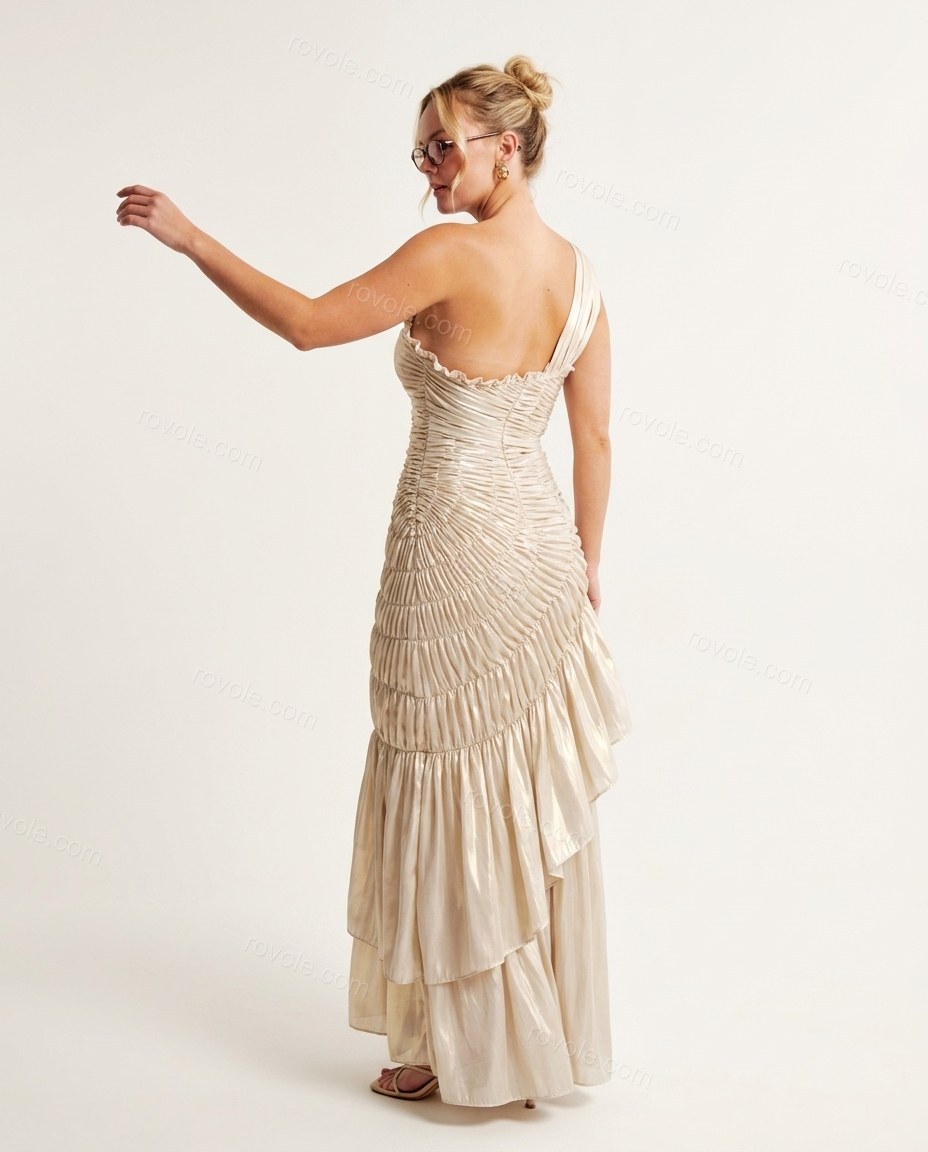 Champagne One-Shoulder Ruffled Tiered Dress, back studio view showing low-cut back with consistent horizontal ruching, by rovole.com