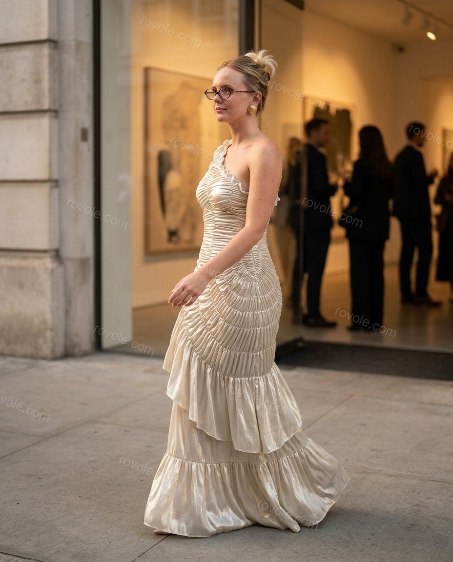 Champagne One-Shoulder Ruffled Tiered Dress, walking lifestyle view, by rovole.com