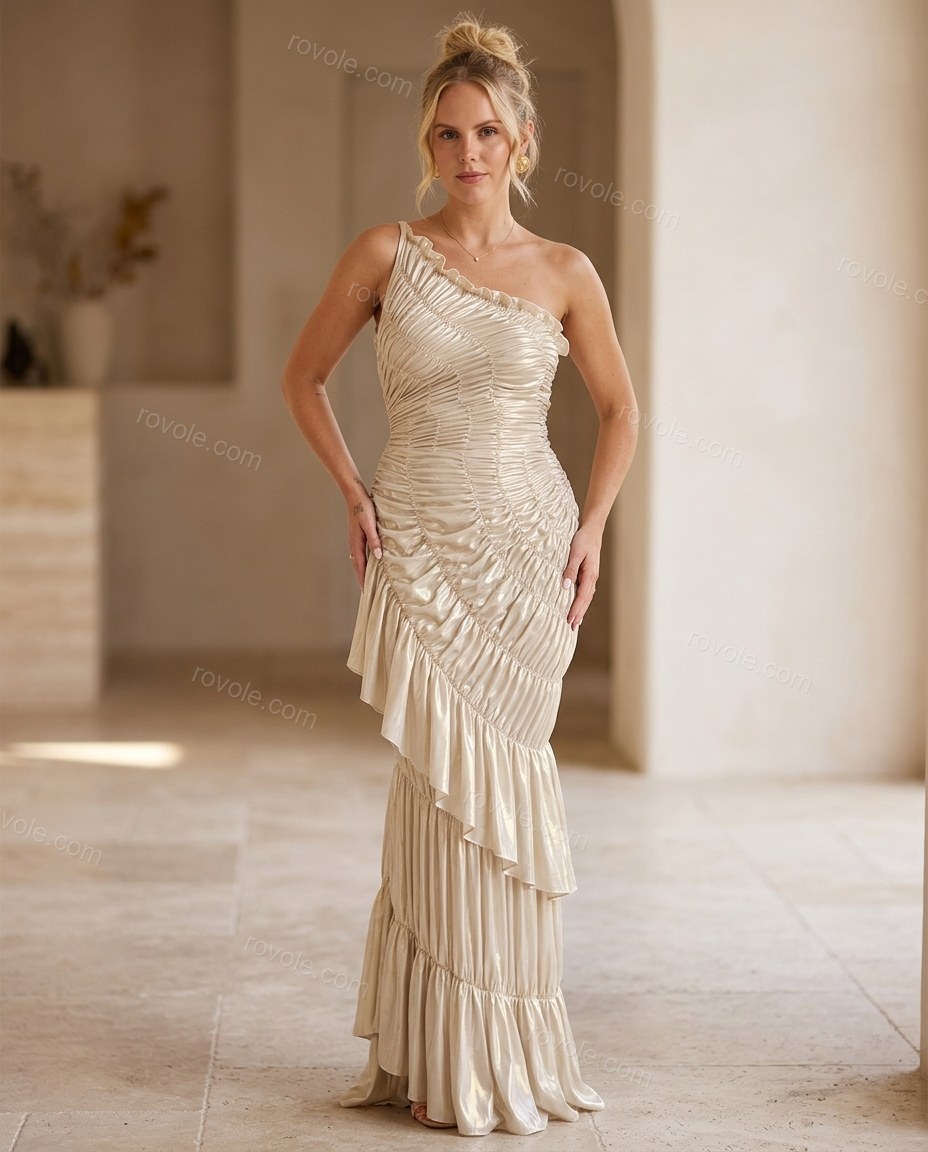 Champagne One-Shoulder Ruffled Tiered Dress, full-length hero view, by rovole.com