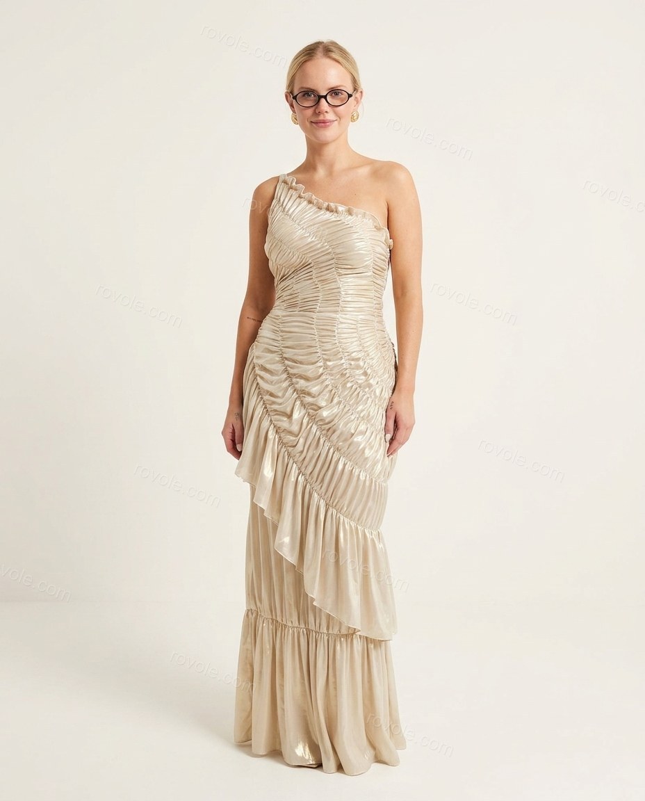 Champagne One-Shoulder Ruffled Tiered Dress, front studio view, by rovole.com
