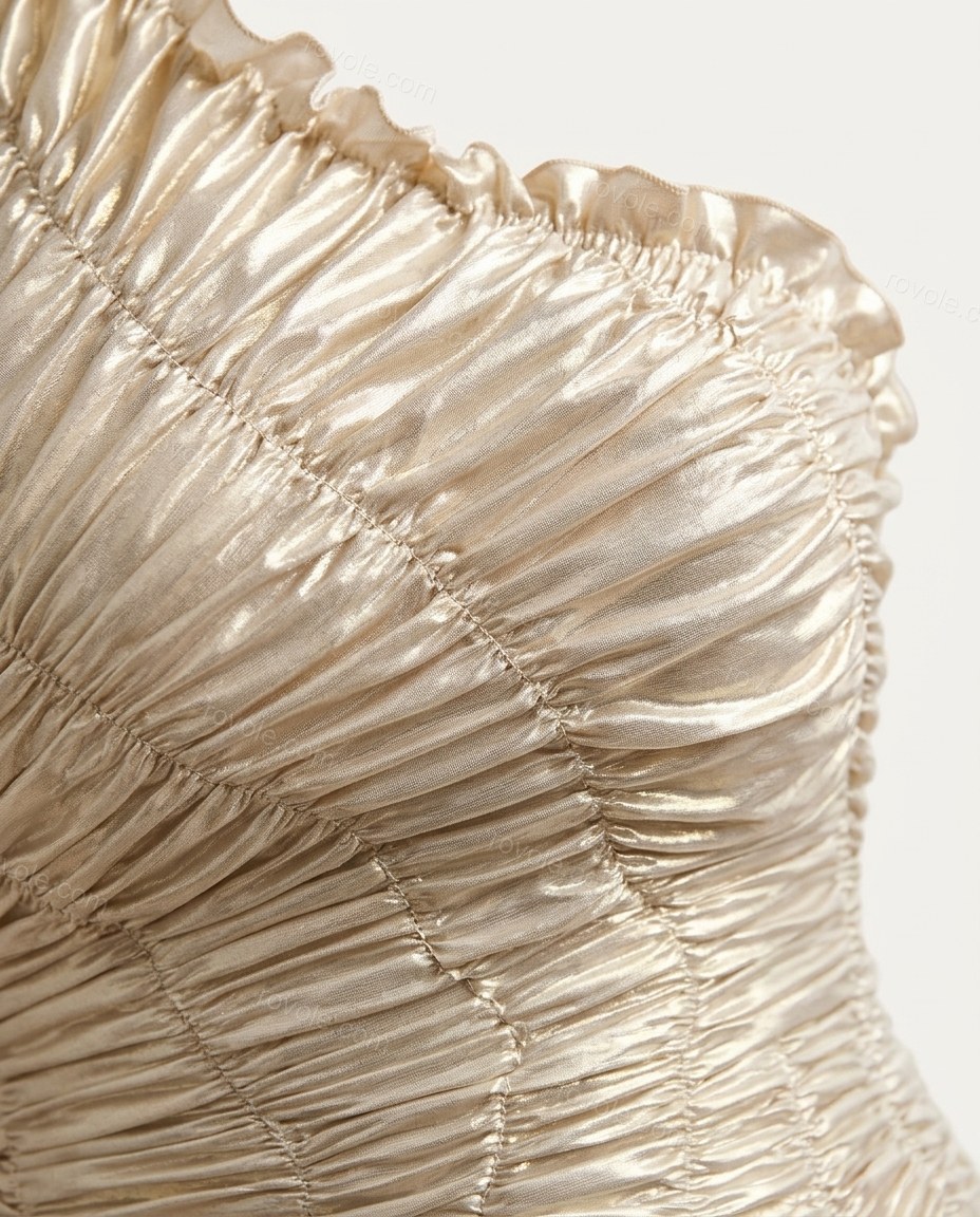 Champagne One-Shoulder Ruffled Tiered Dress, close-up of ruched, ruffled hem and all-over ruching, by rovole.com