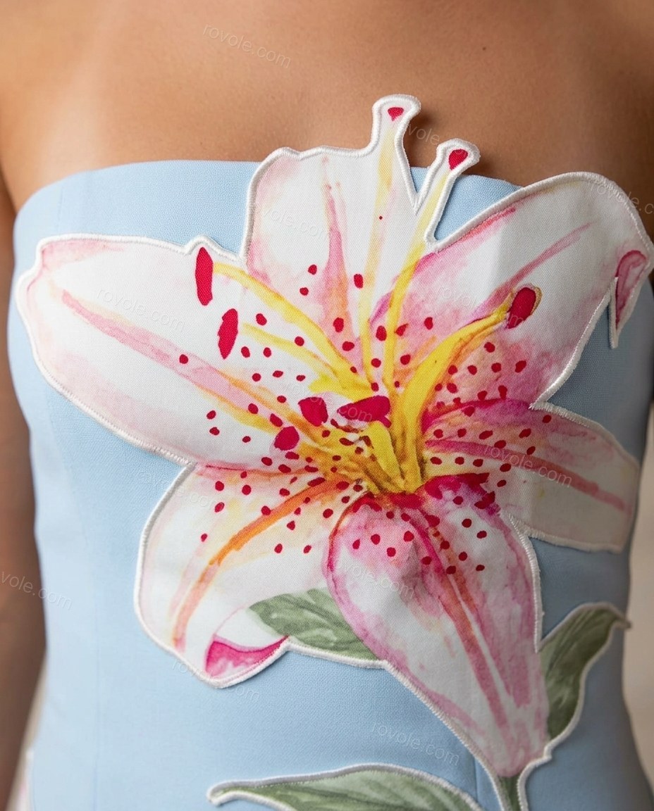 Light Blue Floral Mini Strapless Dress, close-up of floral, by rovole.com