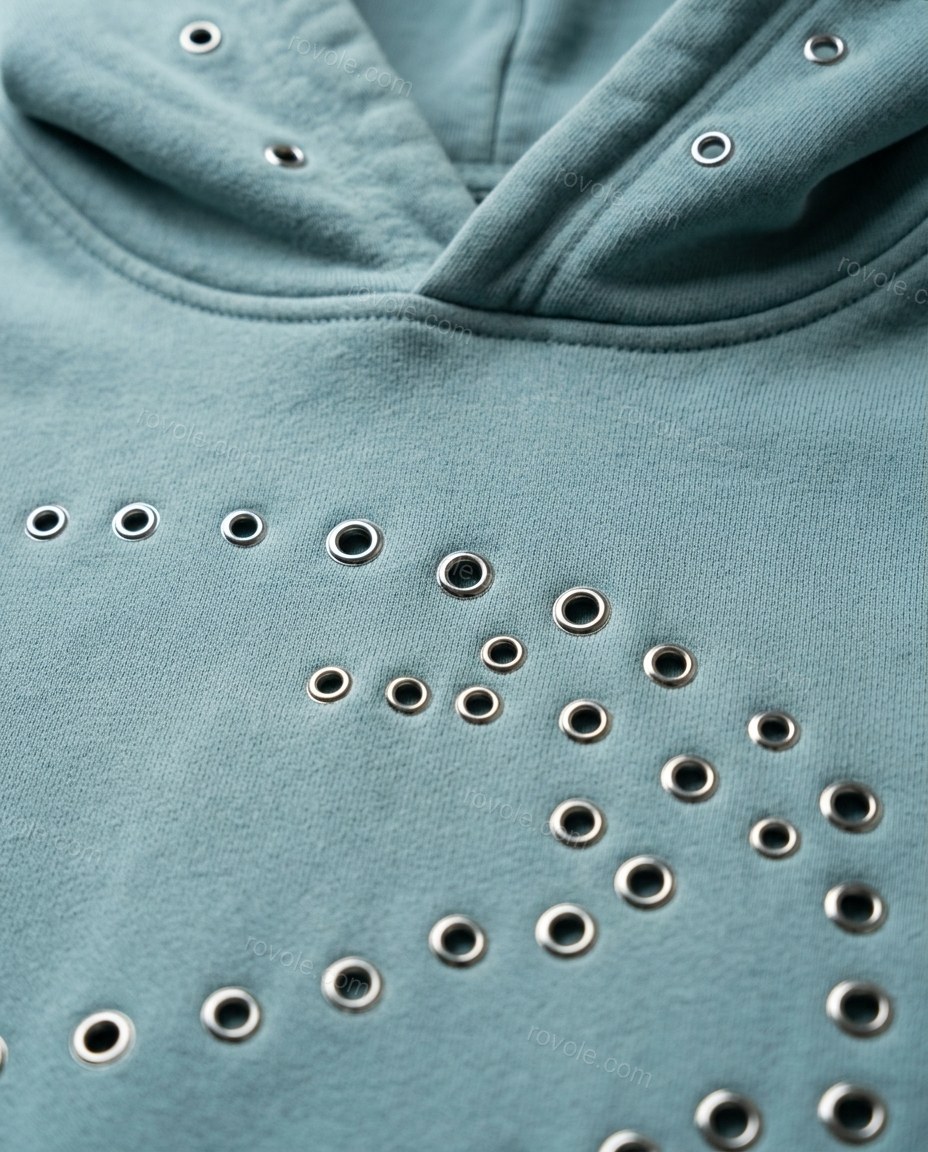 Teal Top, close-up of silver accents, grommets and kangaroo pocket, by rovole.com