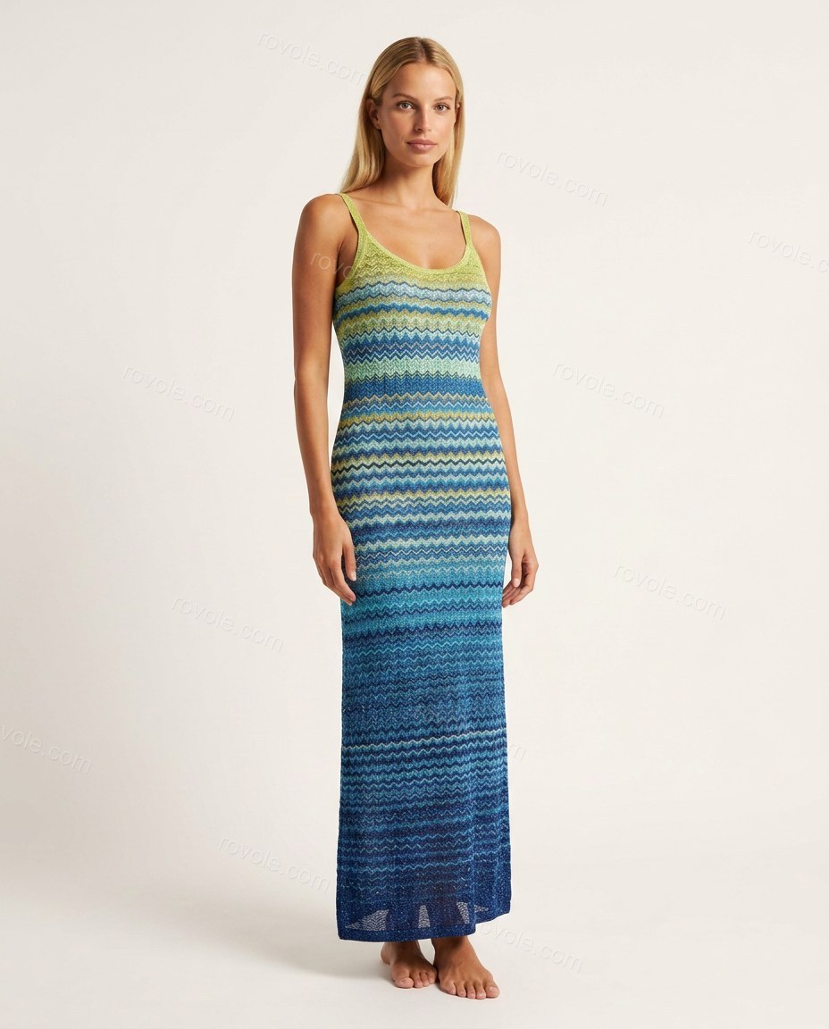 Blue Chevron Maxi Knit Dress, front studio view, by rovole.com