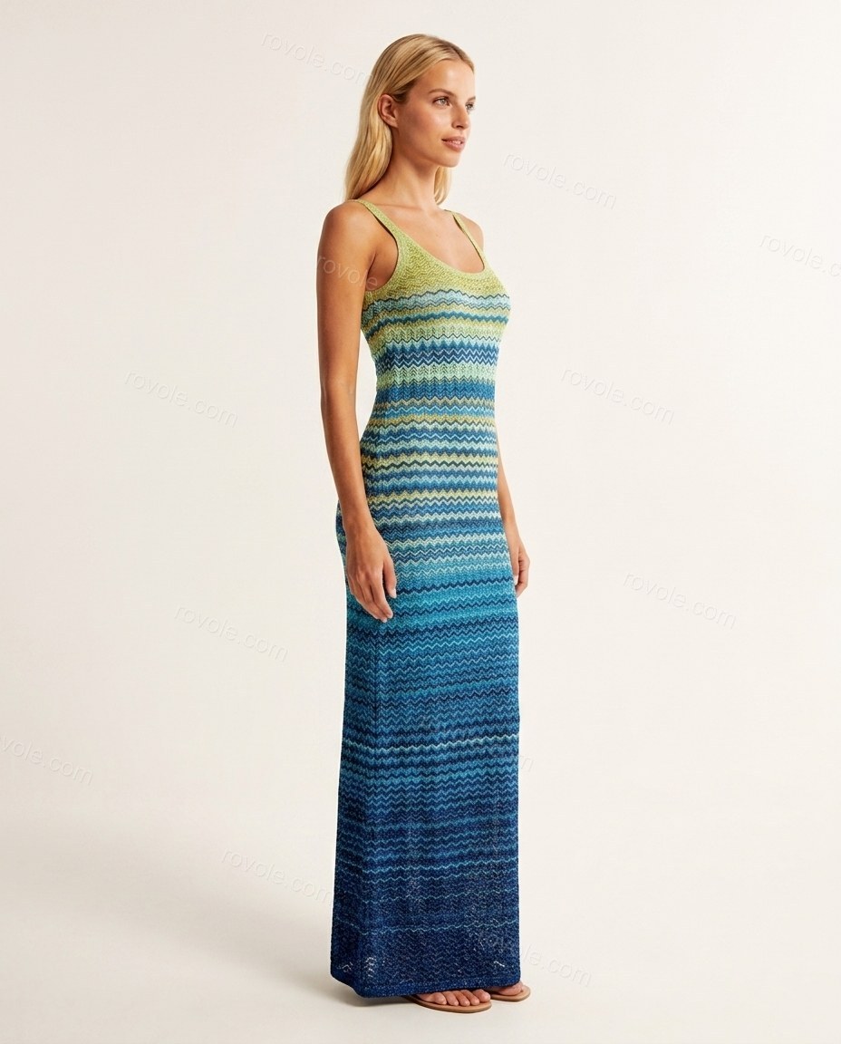 Blue Chevron Maxi Knit Dress, side and back studio view, by rovole.com