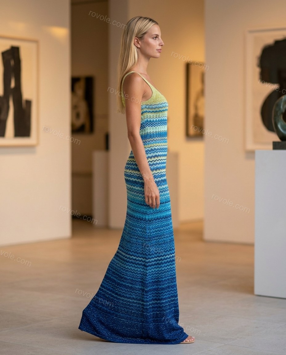 Blue Chevron Maxi Knit Dress, walking lifestyle view, by rovole.com