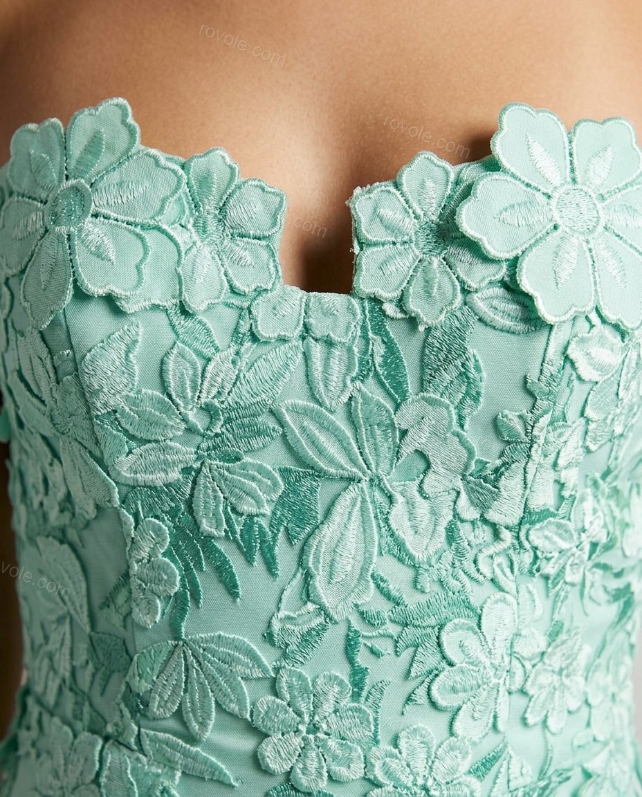 Mint Green Floral Mini Strapless Dress, close-up of floral, by rovole.com