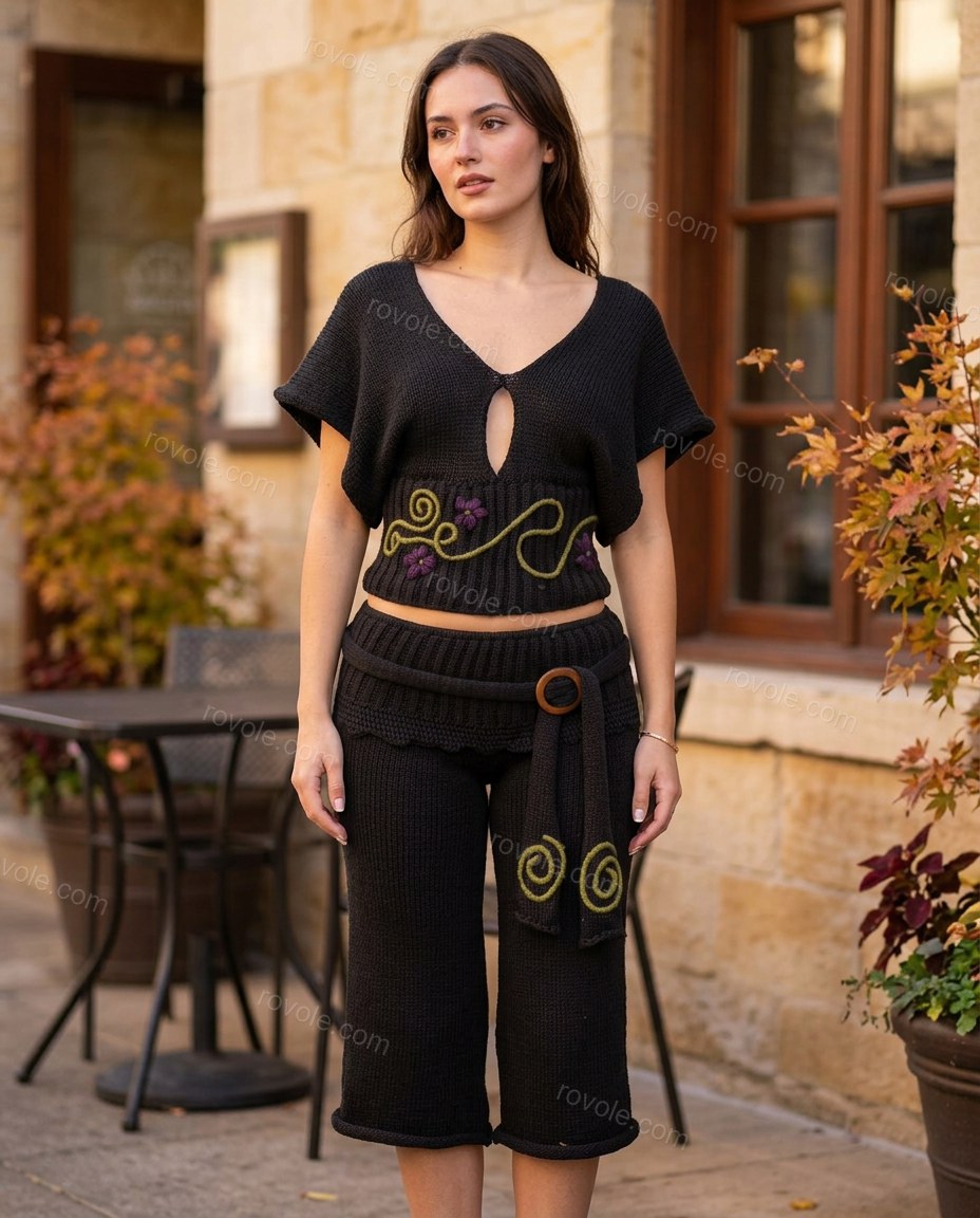 Black Floral Embroidered Knit Top & Pants Set, three-quarter brand lifestyle view, by rovole.com