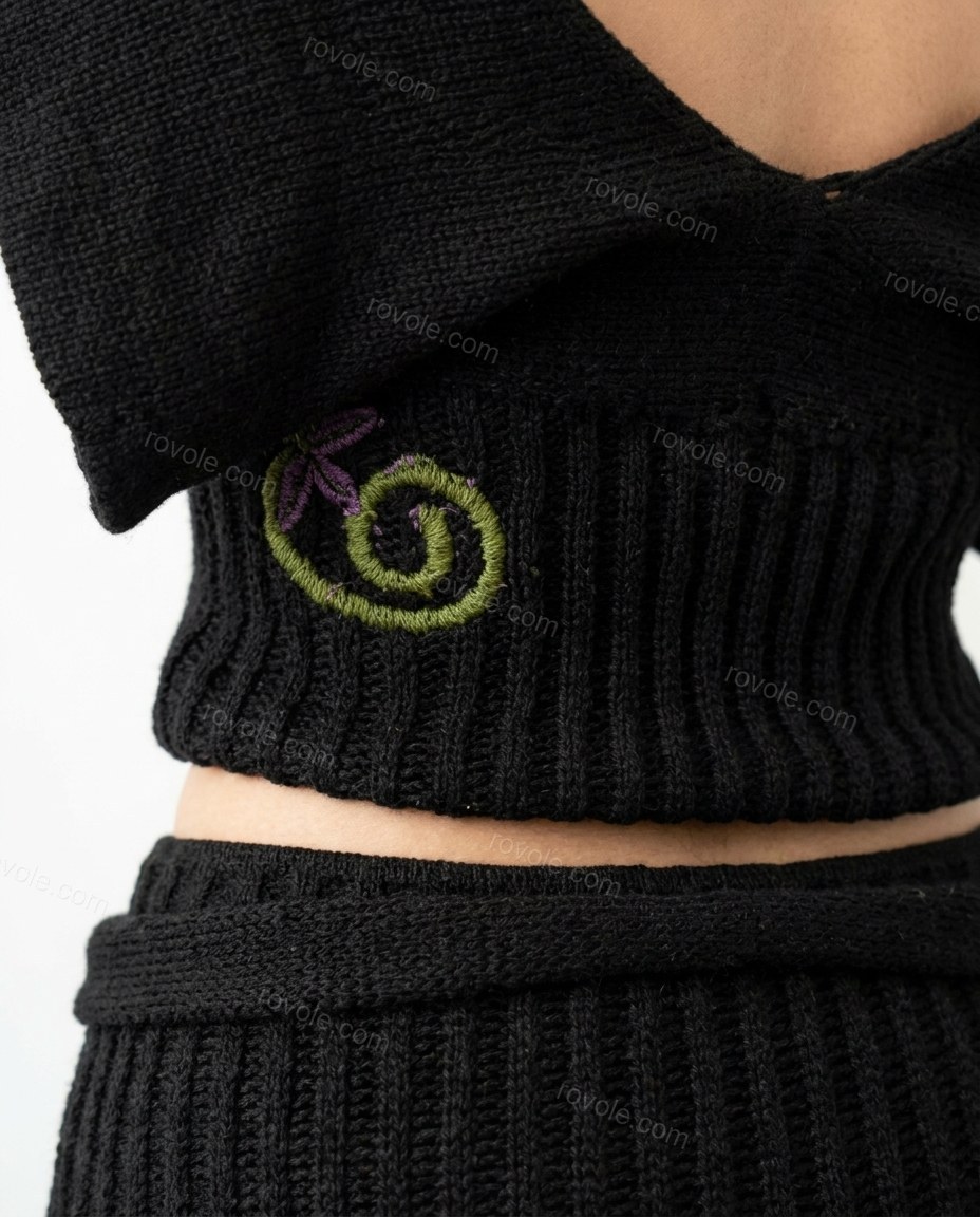 Black Floral Embroidered Knit Top & Pants Set, close-up of floral embroidery, by rovole.com