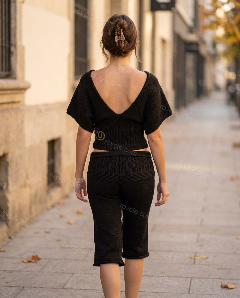 Black Floral Embroidered Knit Top & Pants Set, movement and fit lifestyle view, by rovole.com