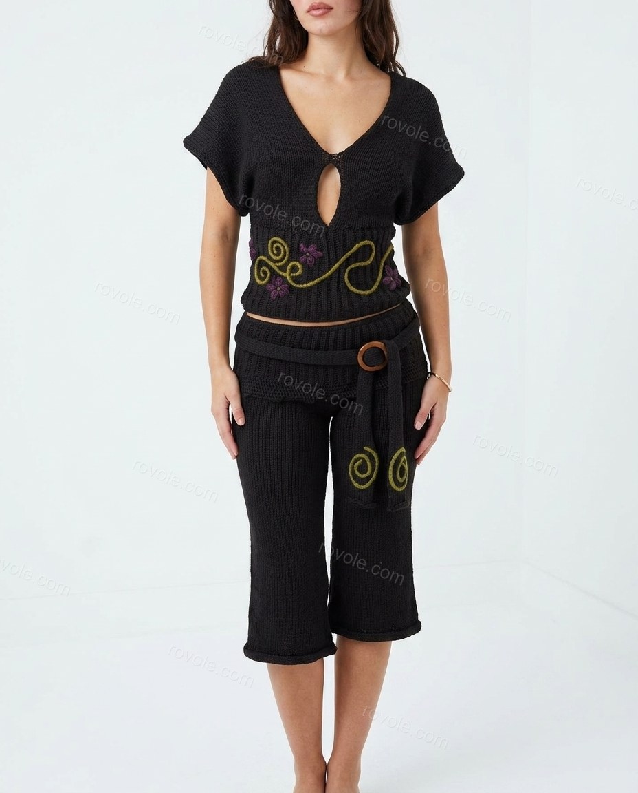 Black Floral Embroidered Knit Top & Pants Set, front studio view, by rovole.com