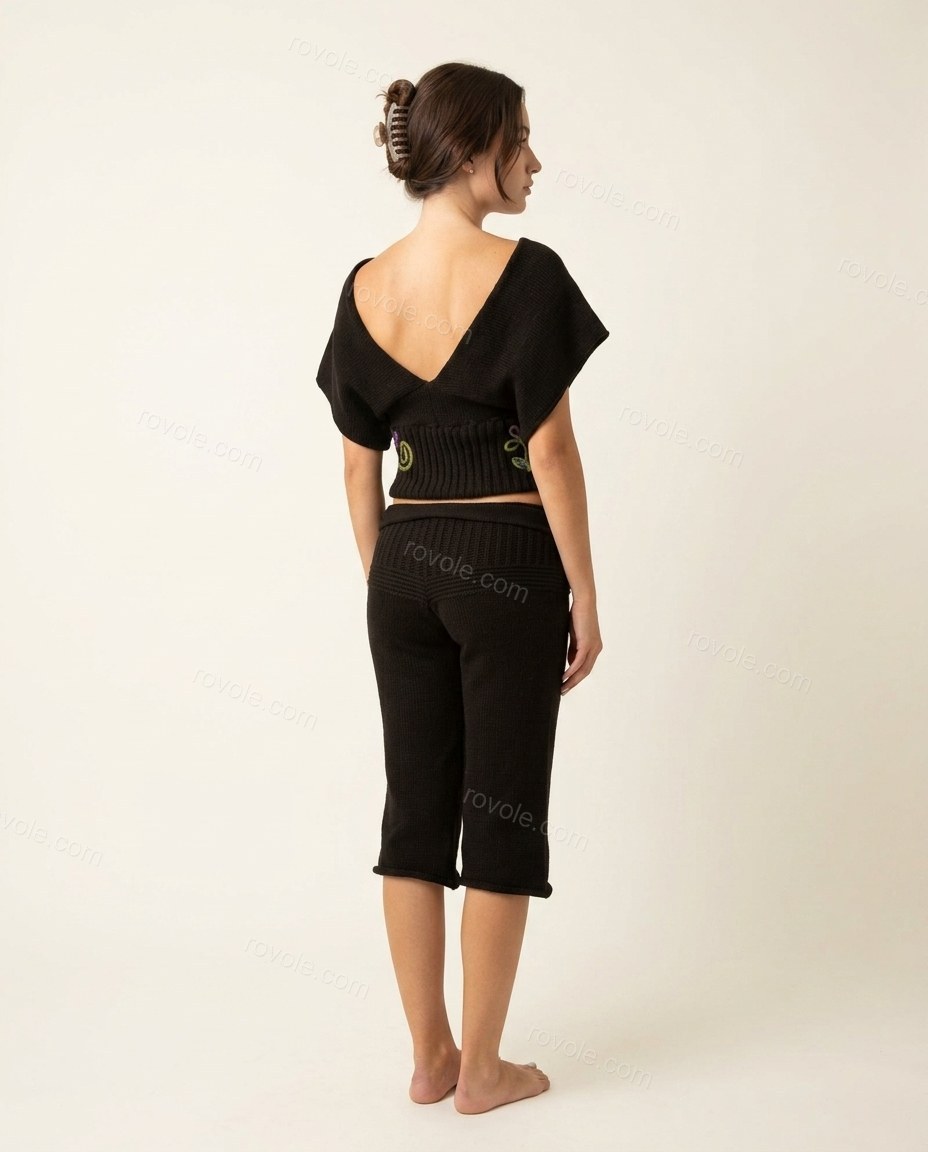 Black Floral Embroidered Knit Top & Pants Set, back studio view showing open back with ribbed detail, by rovole.com