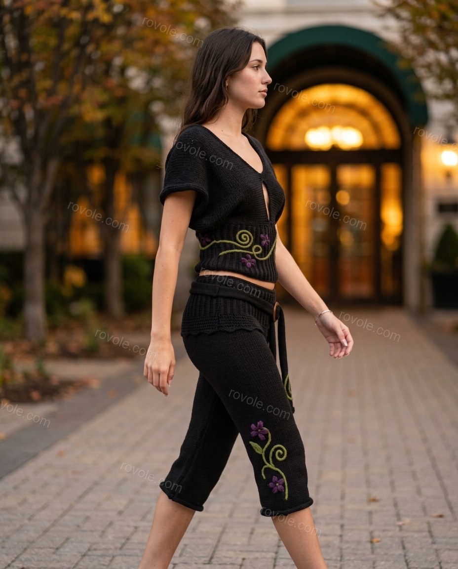 Black Floral Embroidered Knit Top & Pants Set, walking lifestyle view, by rovole.com
