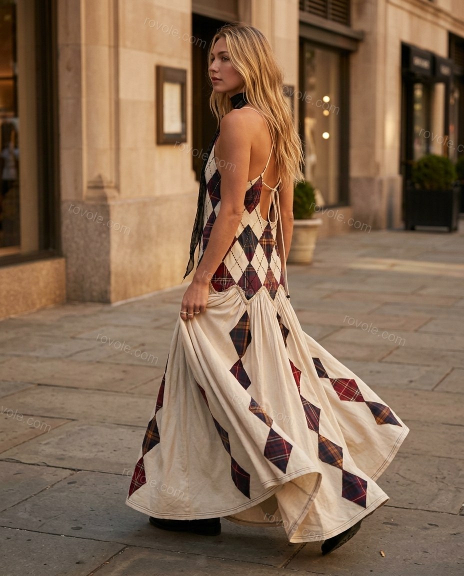 Cream Maxi Open-Back Dress, walking lifestyle view, by rovole.com