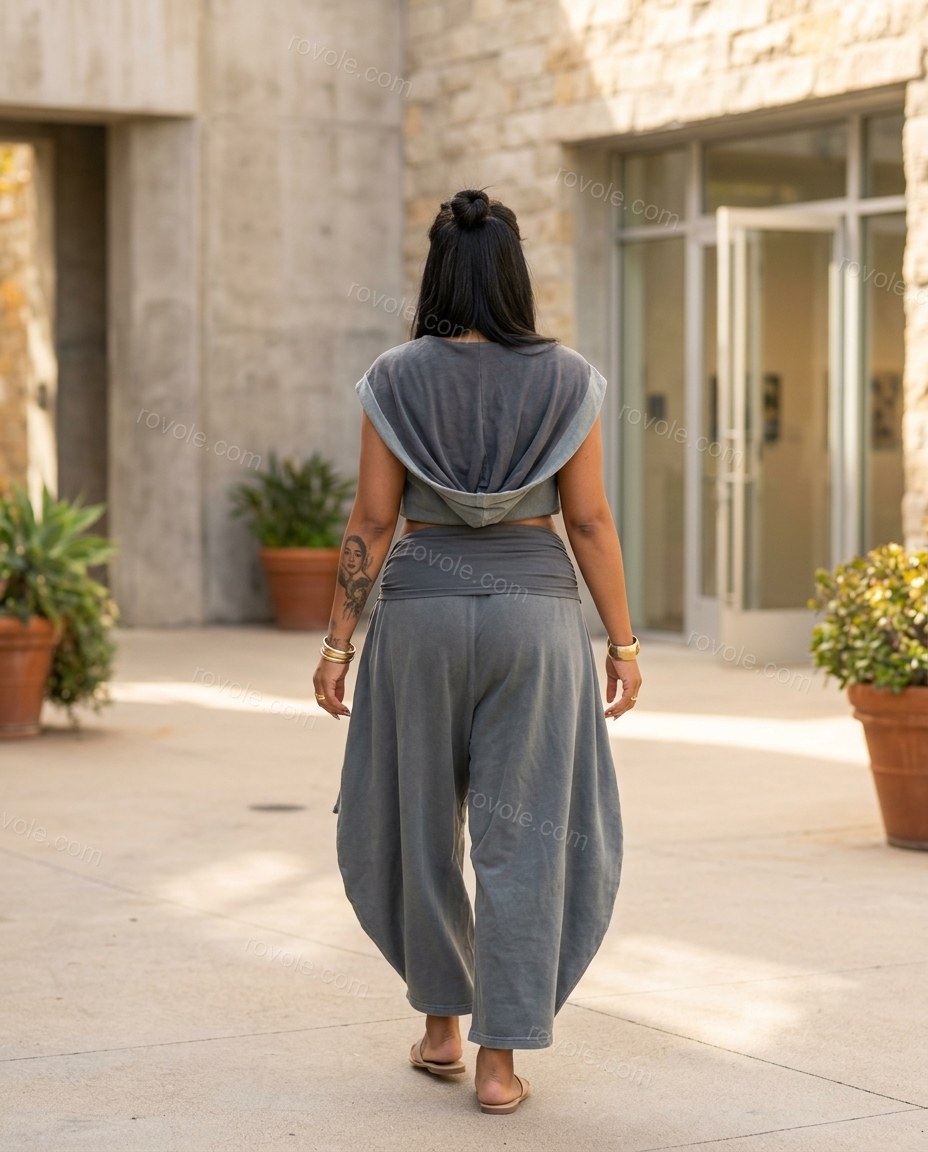 Slate Grey Knit Pants Set, movement and fit lifestyle view, by rovole.com