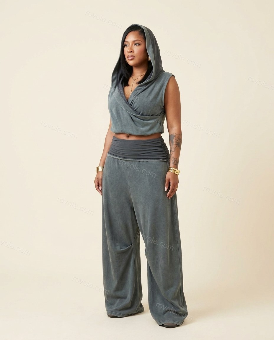 Slate Grey Knit Pants Set, full-length hero view, by rovole.com