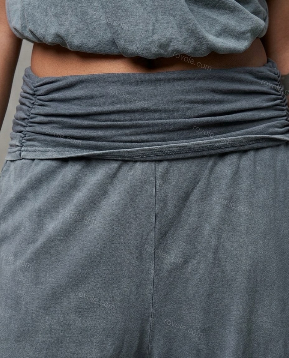 Slate Grey Knit Pants Set, close-up of hood, draped neckline and cropped top, by rovole.com