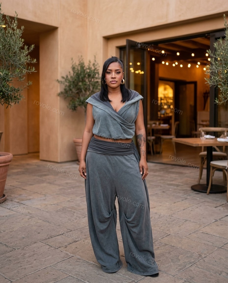 Slate Grey Knit Pants Set, three-quarter brand lifestyle view, by rovole.com