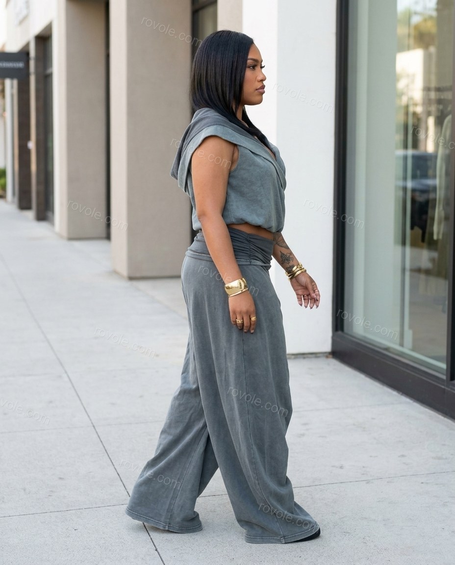 Slate Grey Knit Pants Set, walking lifestyle view, by rovole.com