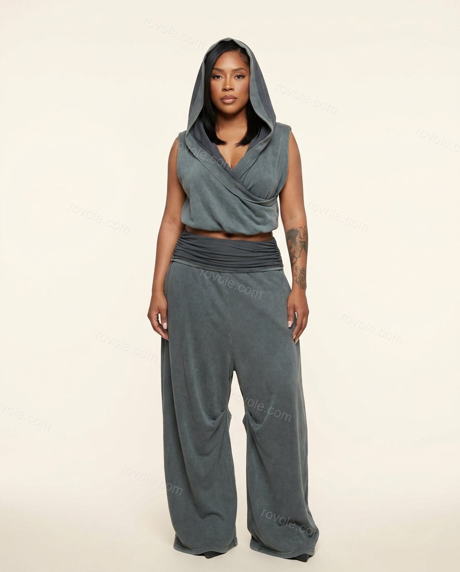 Slate Grey Knit Pants Set, front studio view, by rovole.com