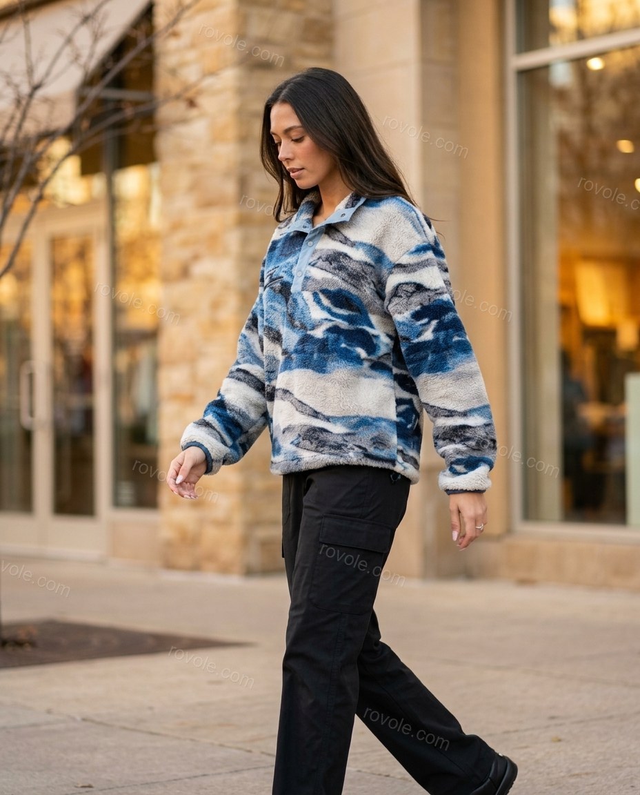 Blue Abstract Top, walking lifestyle view, by rovole.com