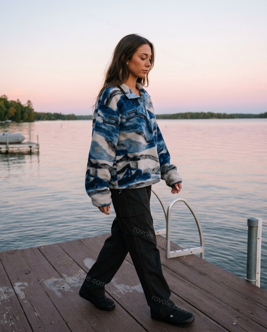 Blue Abstract Top, movement and fit lifestyle view, by rovole.com