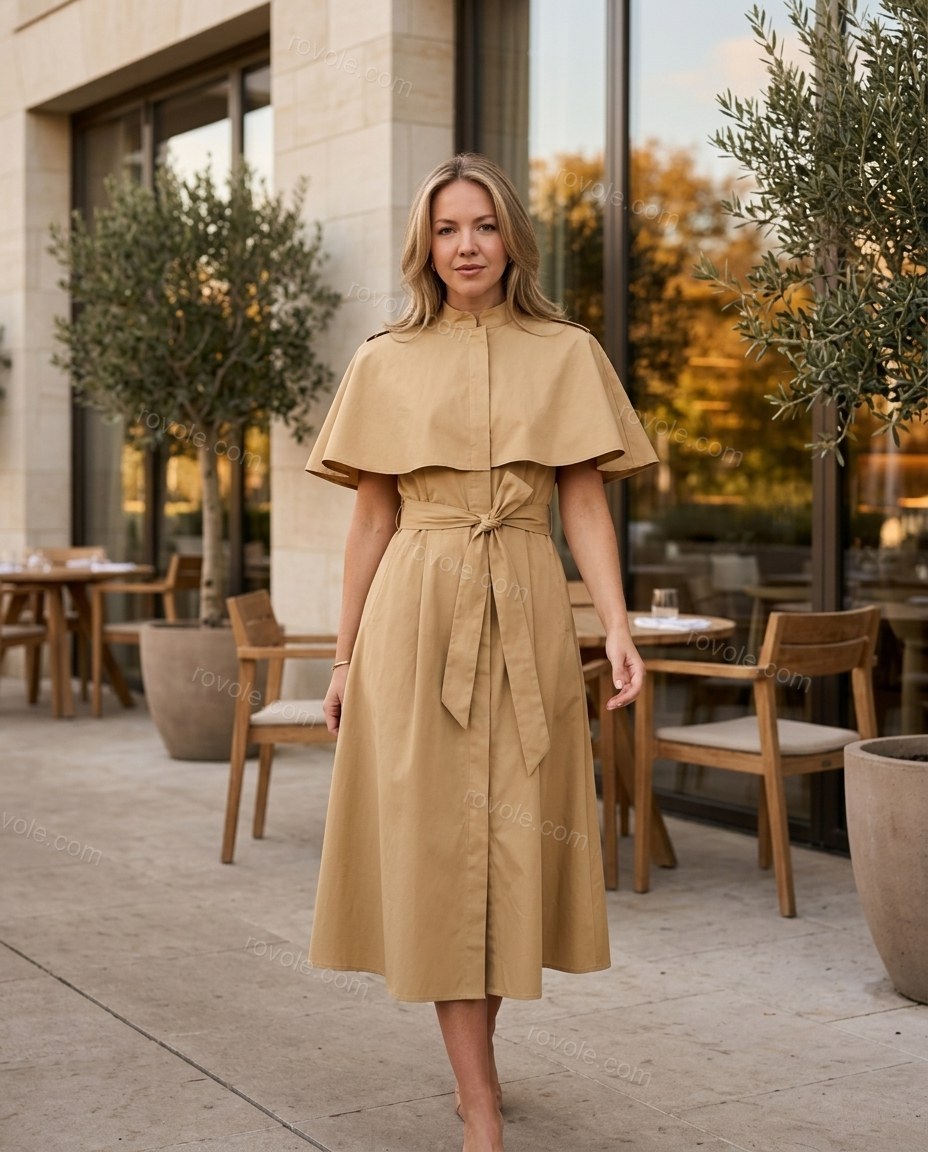 Tan Midi Cape Cotton Dress, three-quarter brand lifestyle view, by rovole.com