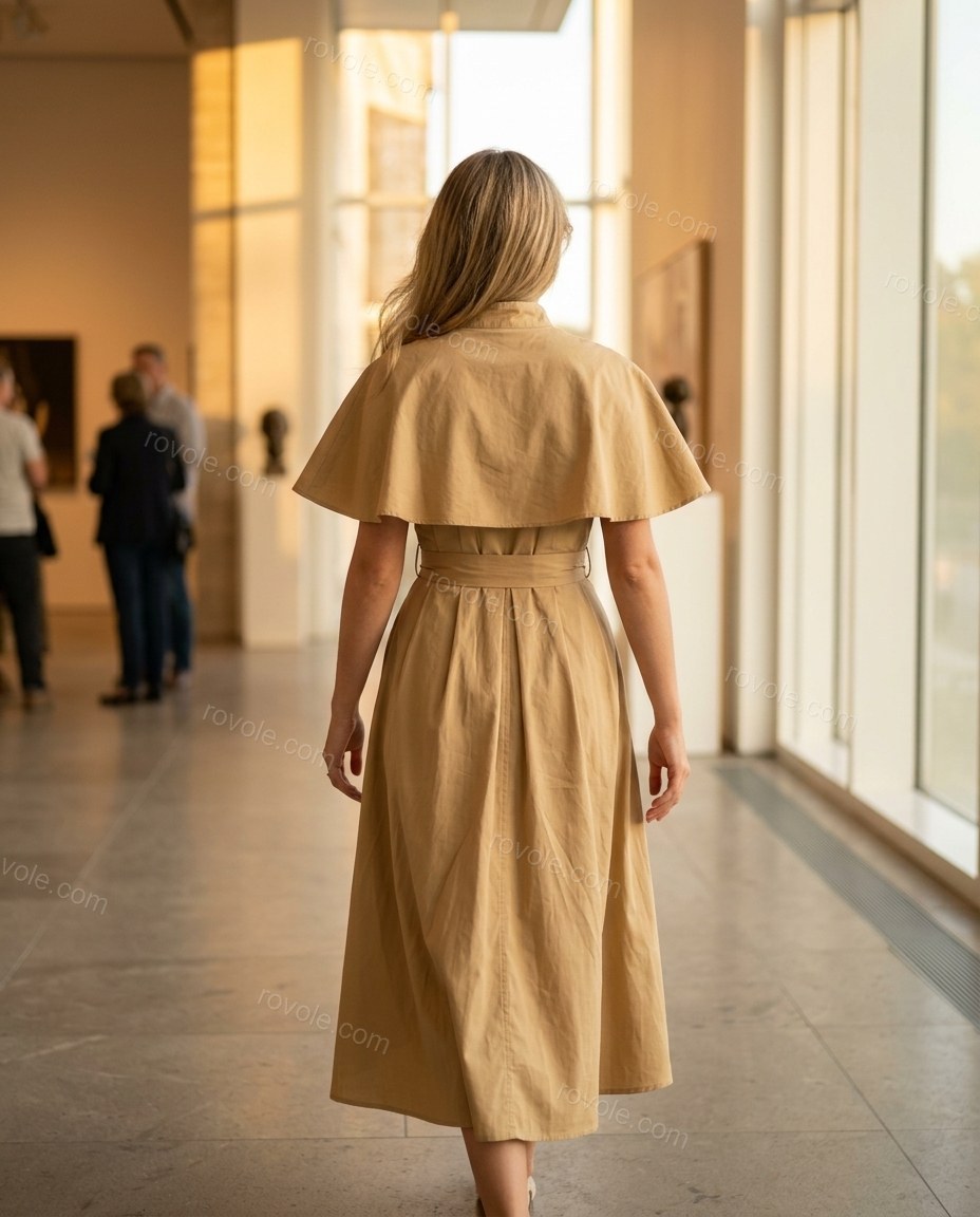 Tan Midi Cape Cotton Dress, movement and fit lifestyle view, by rovole.com
