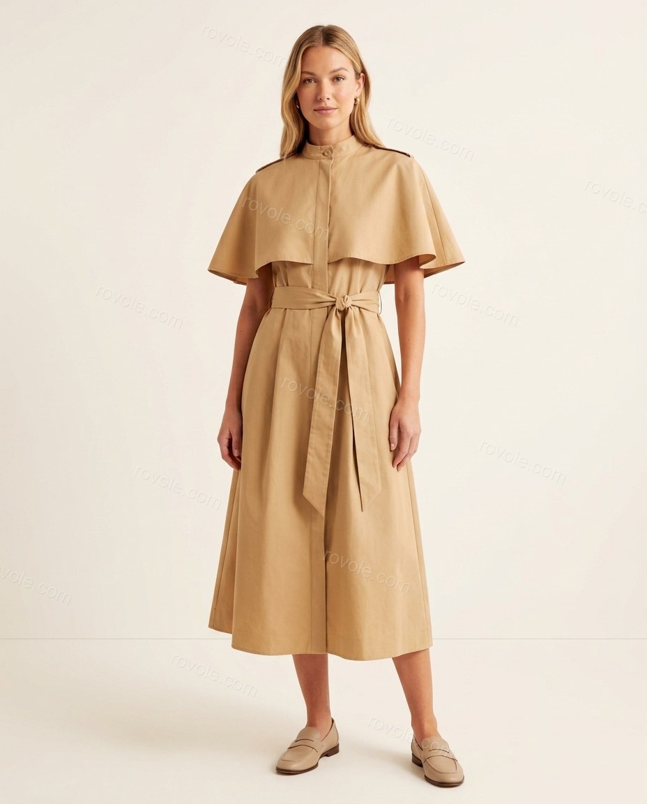Tan Midi Cape Cotton Dress, full-length hero view, by rovole.com
