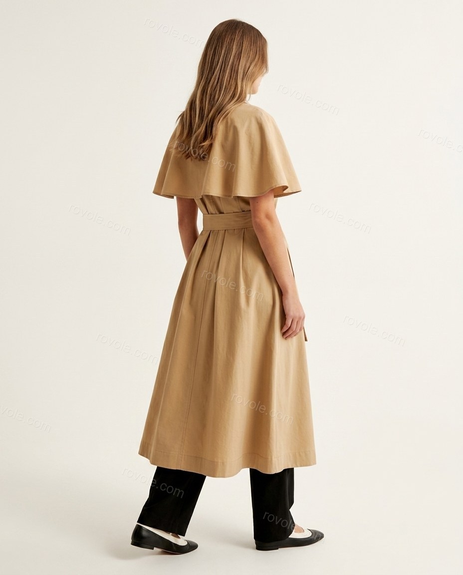 Tan Midi Cape Cotton Dress, back studio view, by rovole.com