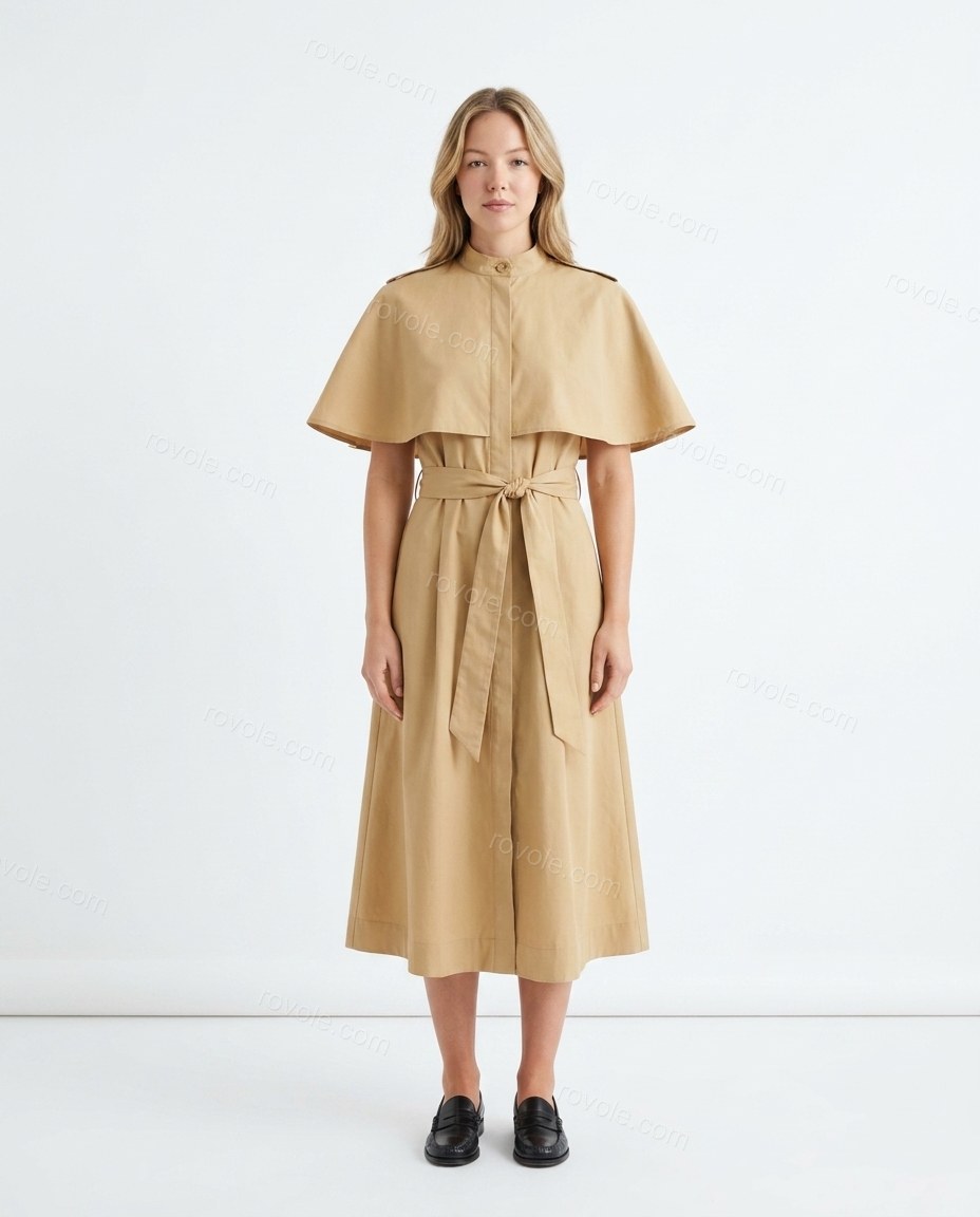 Tan Midi Cape Cotton Dress, front studio view, by rovole.com