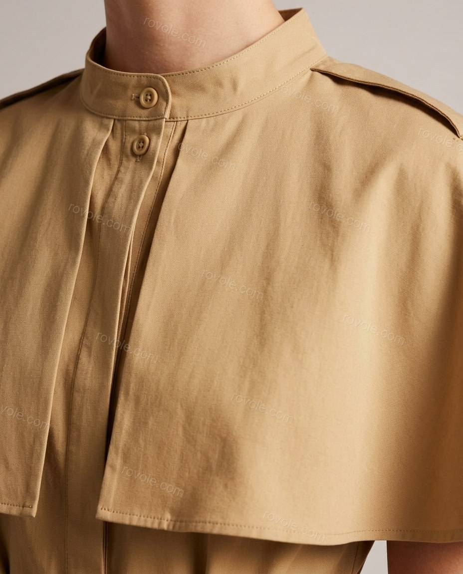 Tan Midi Cape Cotton Dress, close-up of cape overlay, self-tie waist belt and button-front placket, by rovole.com