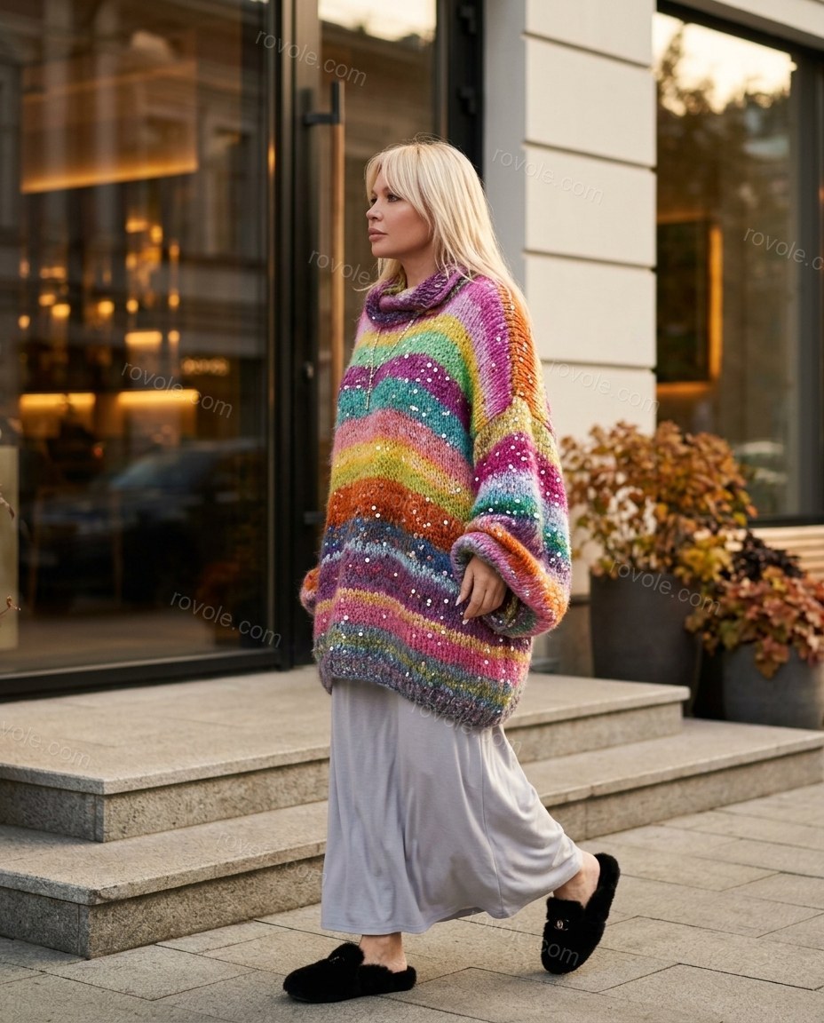 Multi-Color Striped Cowl-Neck Knit Skirt Set, walking lifestyle view, by rovole.com