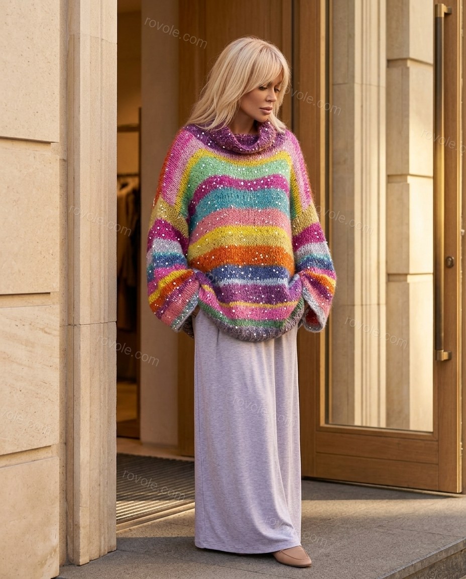 Multi-Color Striped Cowl-Neck Knit Skirt Set, full-length hero view, by rovole.com