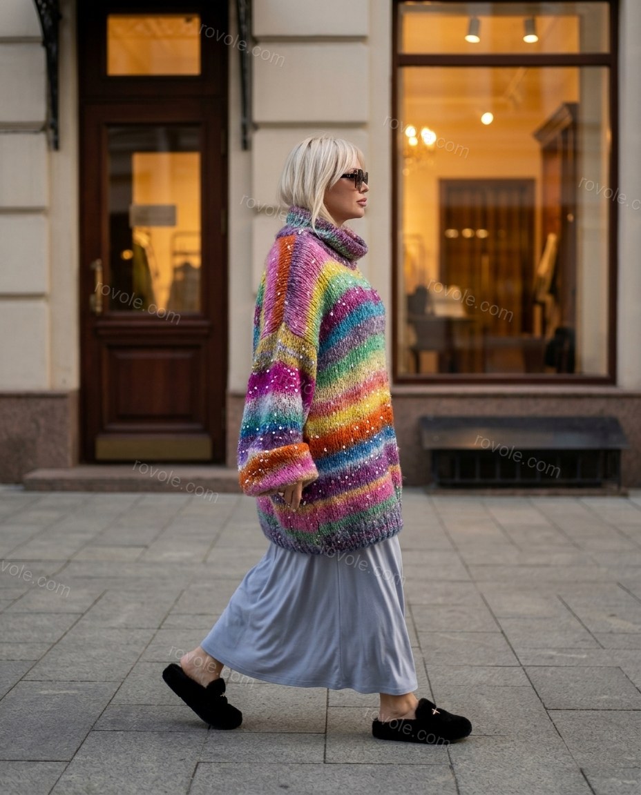 Multi-Color Striped Cowl-Neck Knit Skirt Set, movement and fit lifestyle view, by rovole.com