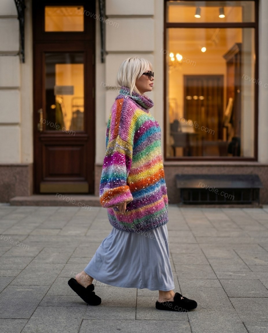 Multi-Color Striped Cowl-Neck Knit Skirt Set, movement and fit lifestyle view, by rovole.com