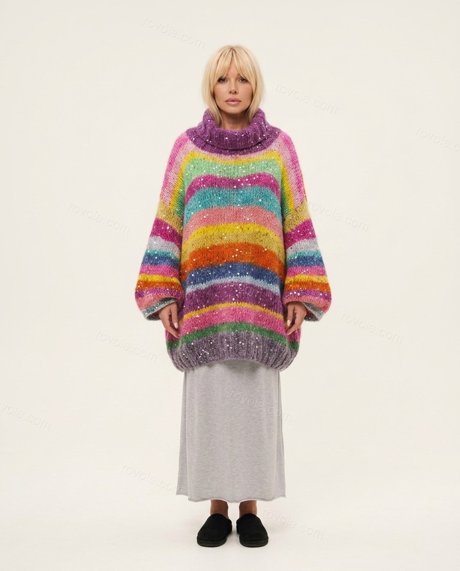 Multi-Color Striped Cowl-Neck Knit Skirt Set, front studio view, by rovole.com
