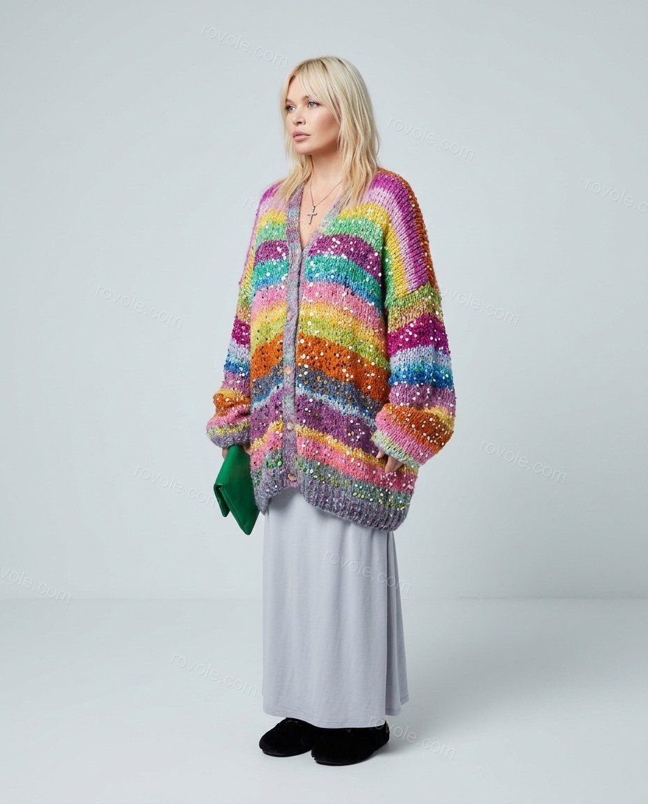 Multi-Color Striped Cowl-Neck Knit Skirt Set, side and back studio view, by rovole.com