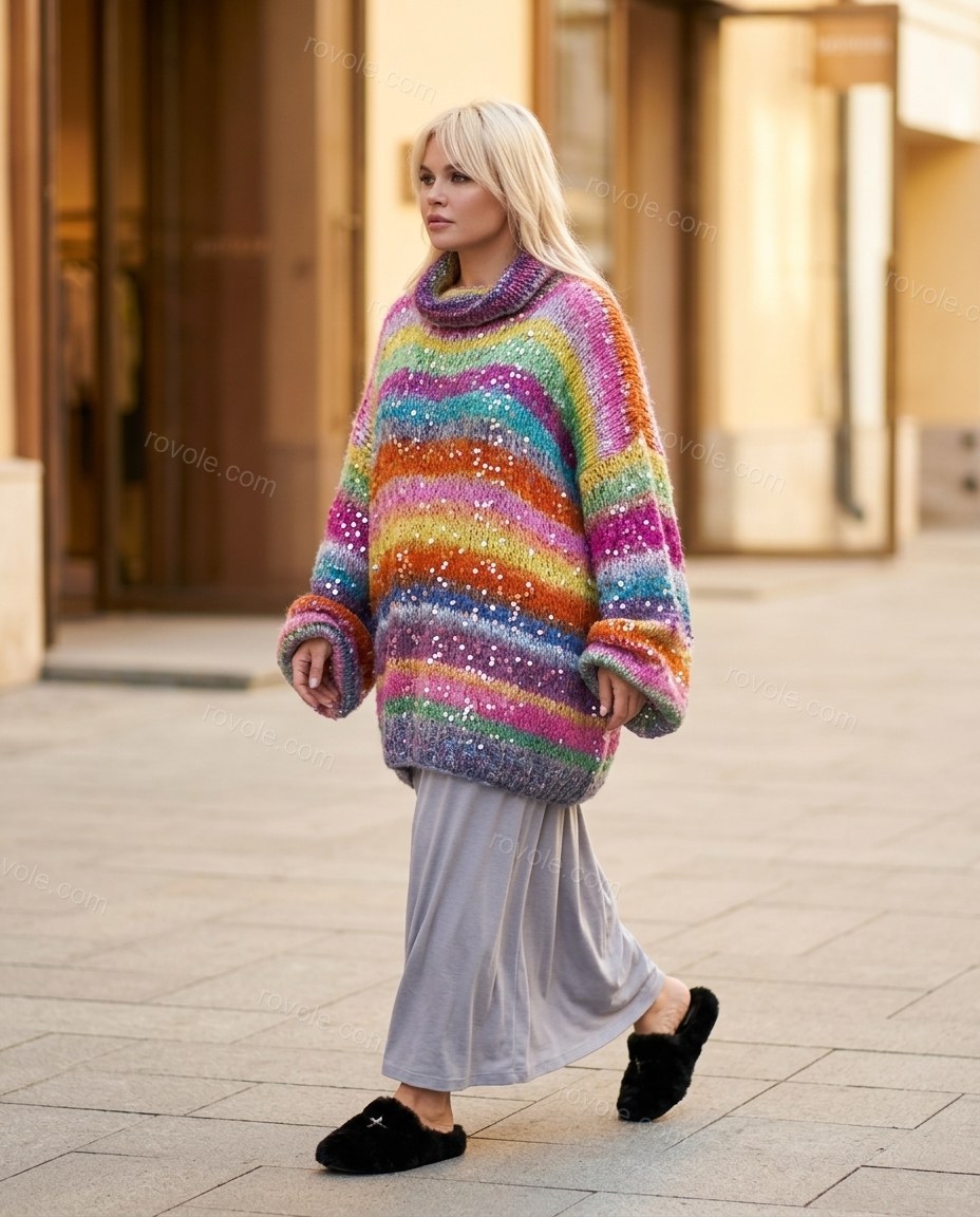 Multi-Color Striped Cowl-Neck Knit Skirt Set, alternate use-case lifestyle view, by rovole.com