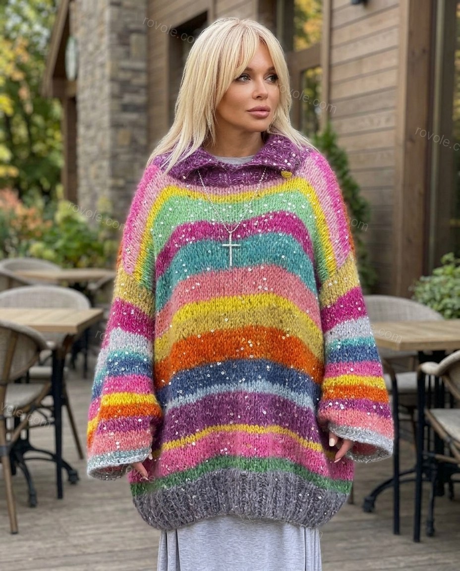 Multi-Color Striped Cowl-Neck Knit Skirt Set, three-quarter brand lifestyle view, by rovole.com